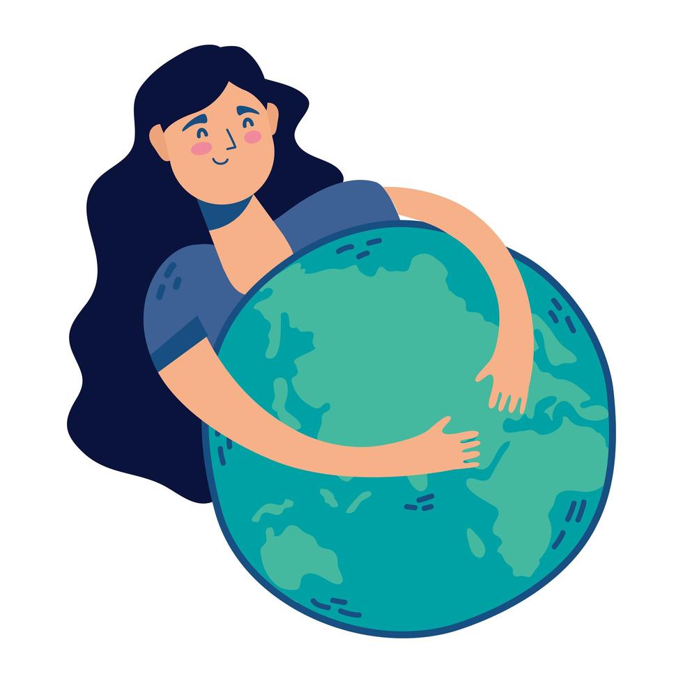 young woman hugging world planet earth vector