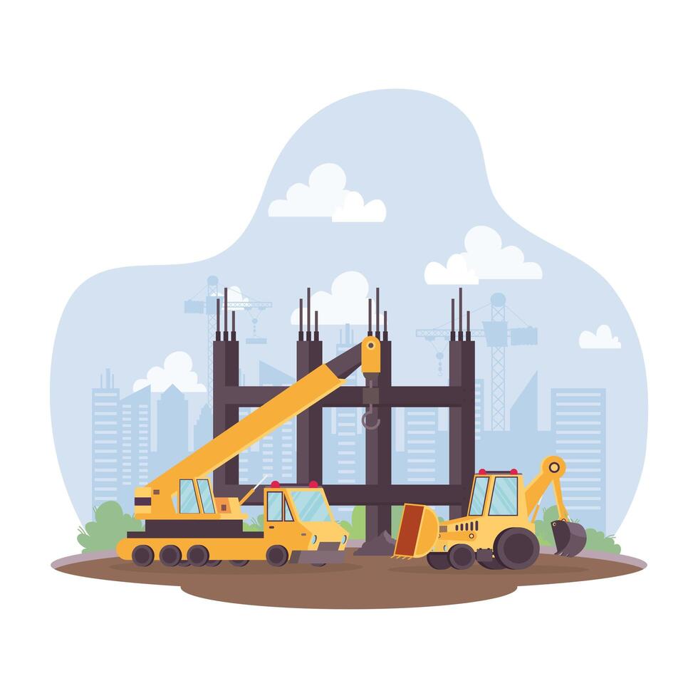 construction crane and excavator vehicle in workplace scene vector