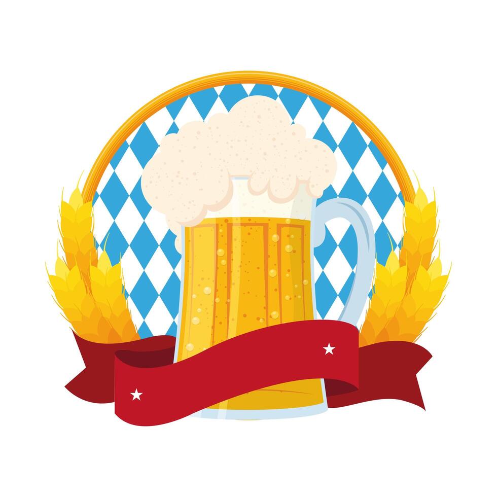 Oktoberfest flag and fresh beer in jar with barley spikes vector