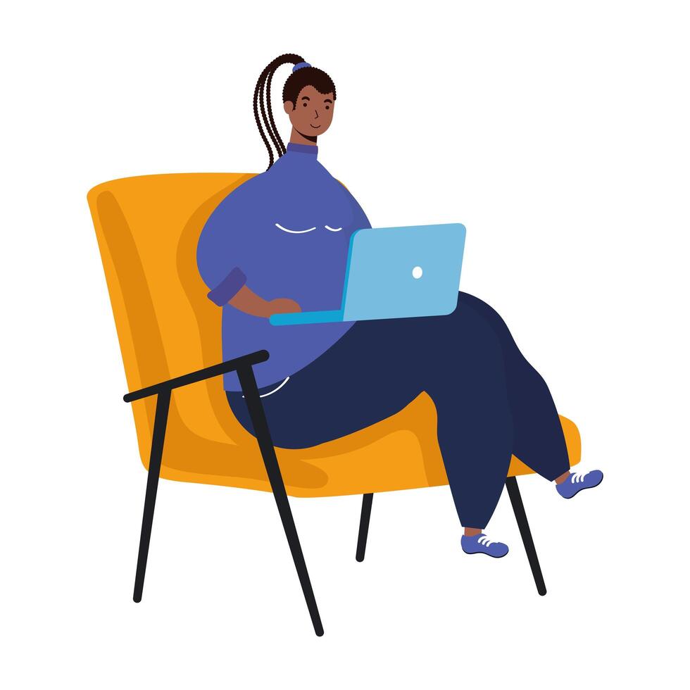 African woman with Rasta hairstyle working in laptop seated in sofa character vector illustration design