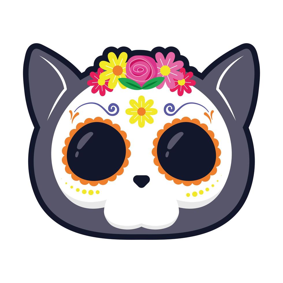 traditional Mexican cat skull head flat style icon vector illustration design