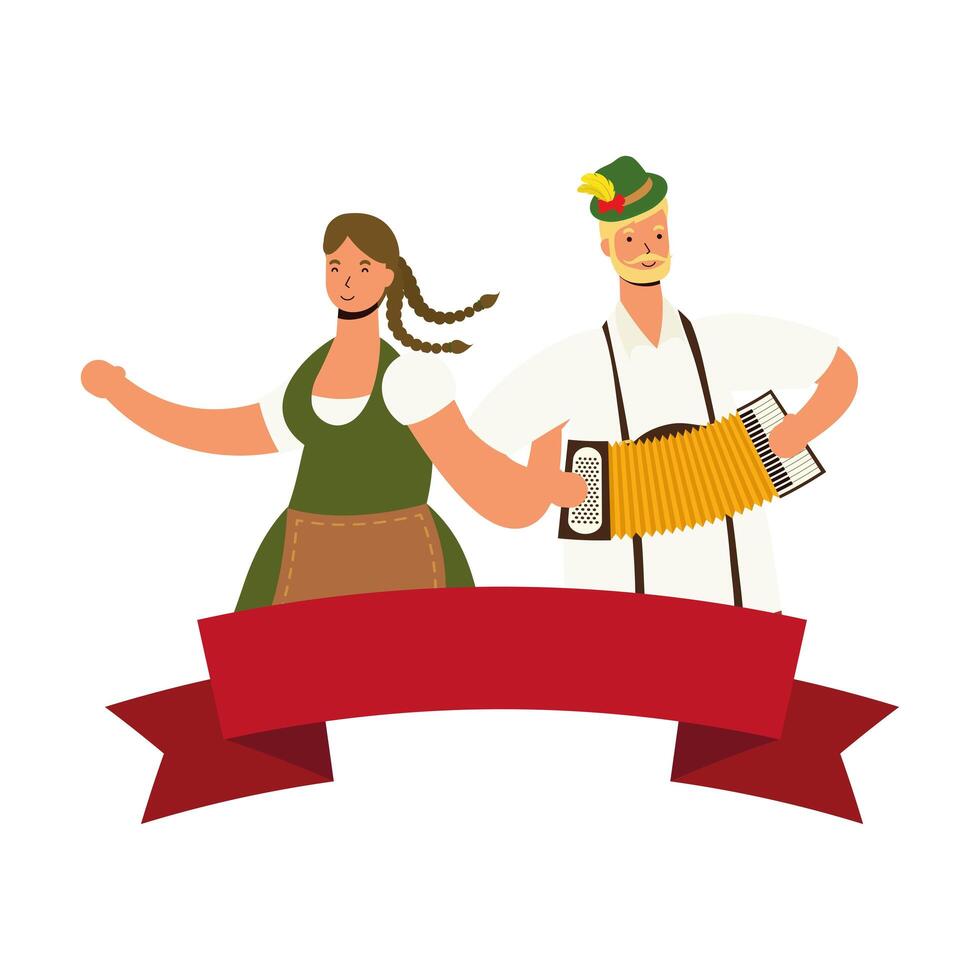 German couple wearing tyrolean suit drinking beers and playing accordion vector