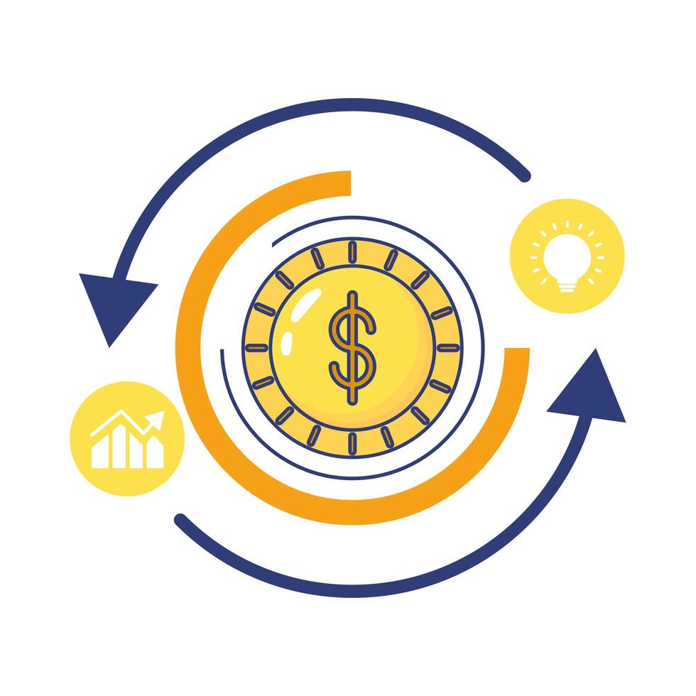 Moneda con flechas infografías estadísticas icono de estilo plano vector