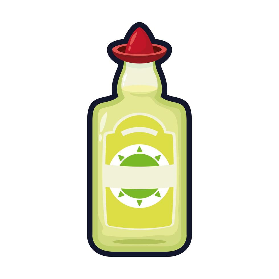 Botella de tequila con sombrero mexicano estilo plano icono diseño ilustración vectorial vector