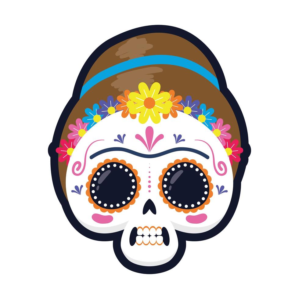 Diseño de ilustración de vector de icono de estilo plano de cabeza de cráneo de mujer mexicana tradicional