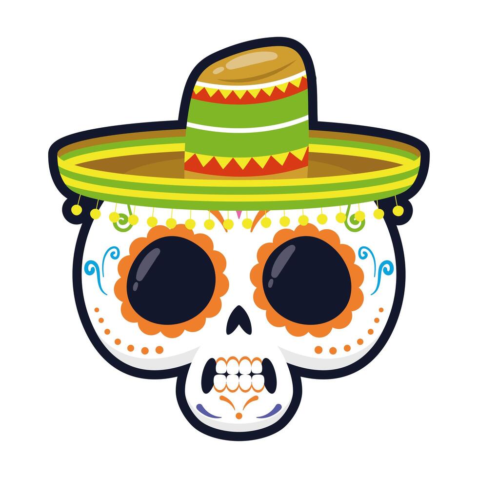 Cráneo mexicano tradicional con diseño de ilustración de vector de icono de estilo plano de cabeza de sombrero