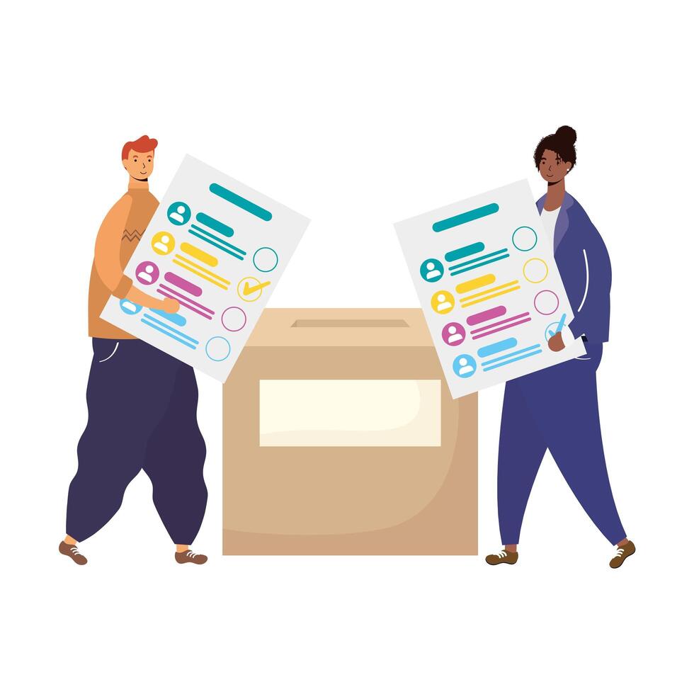 interracial couple with voting card in box vector