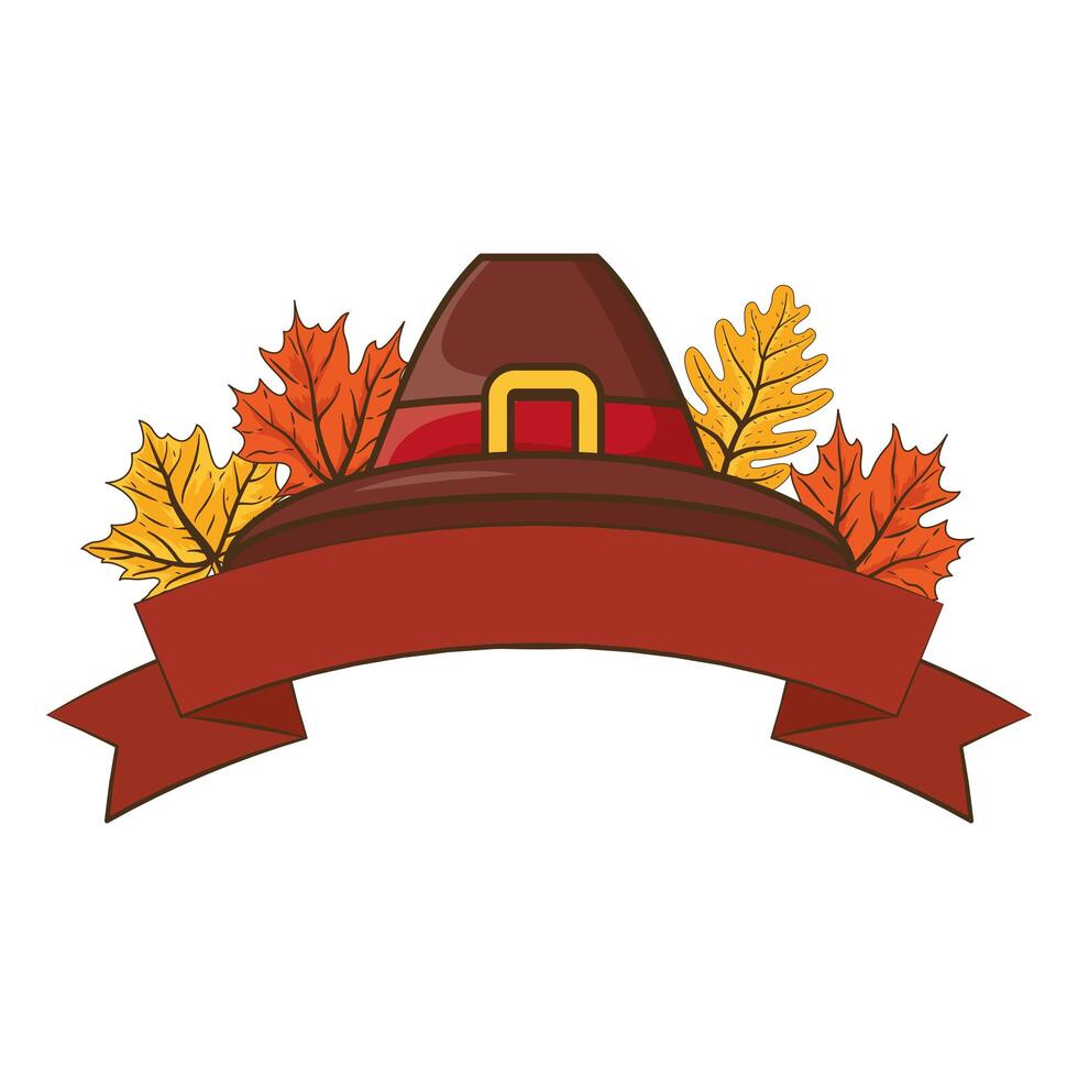 pilgrim hat Thanksgiving accessory and leaves vector illustration design