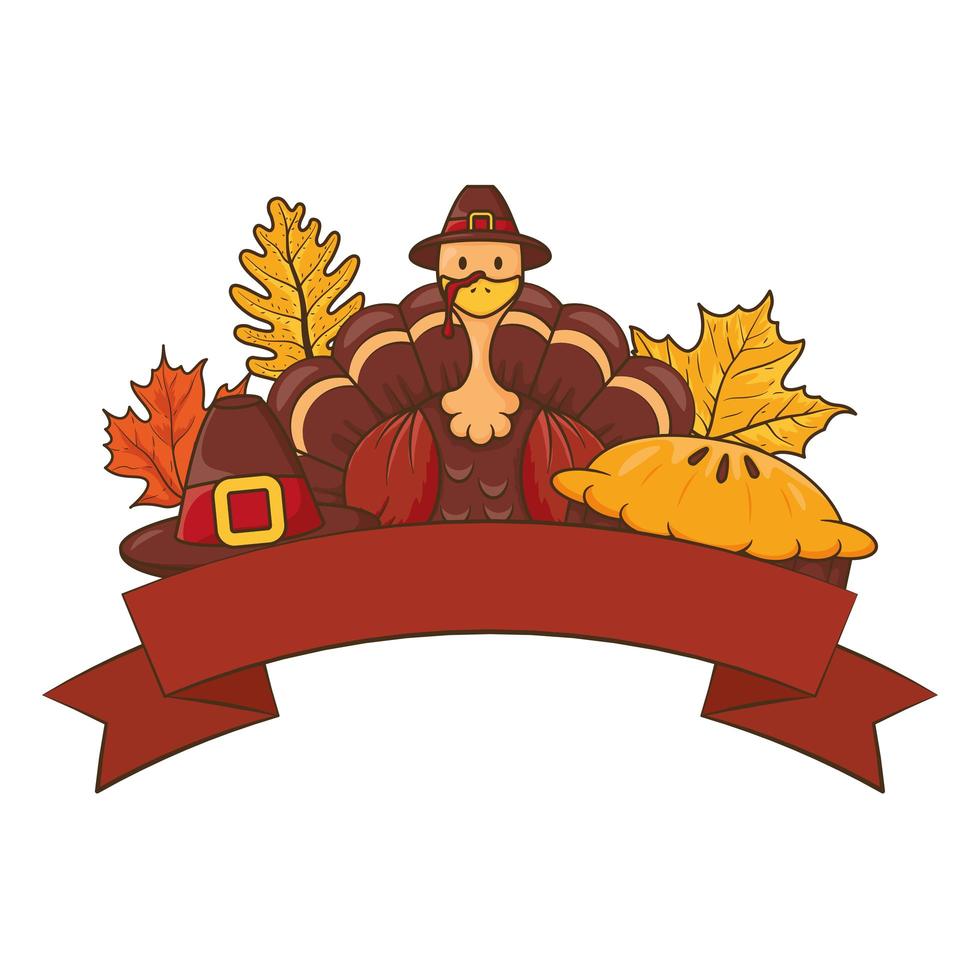 Thanksgiving turkey wearing pilgrim hat with leaves and pie vector