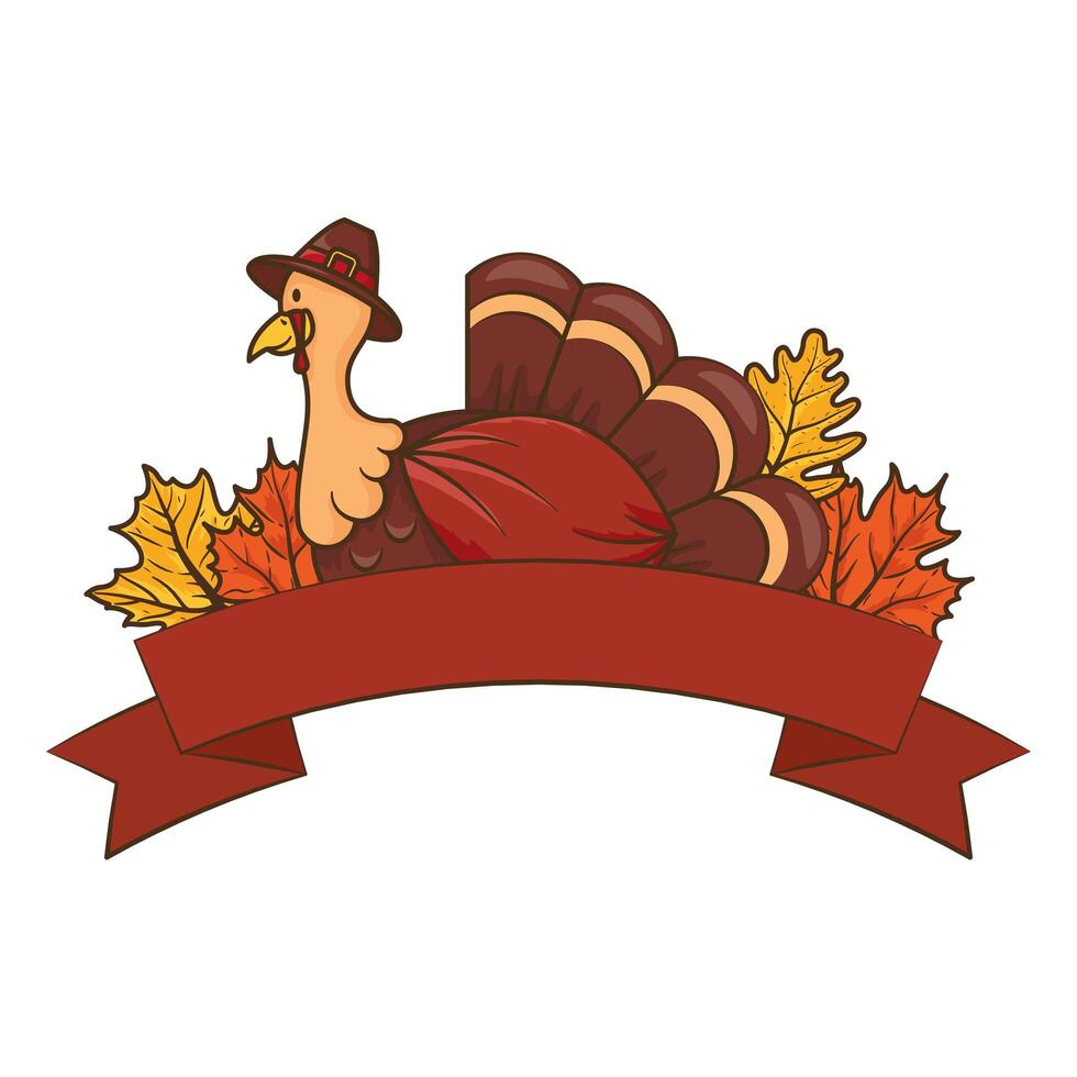 Thanksgiving turkey wearing pilgrim hat with leaves and ribbon frame vector