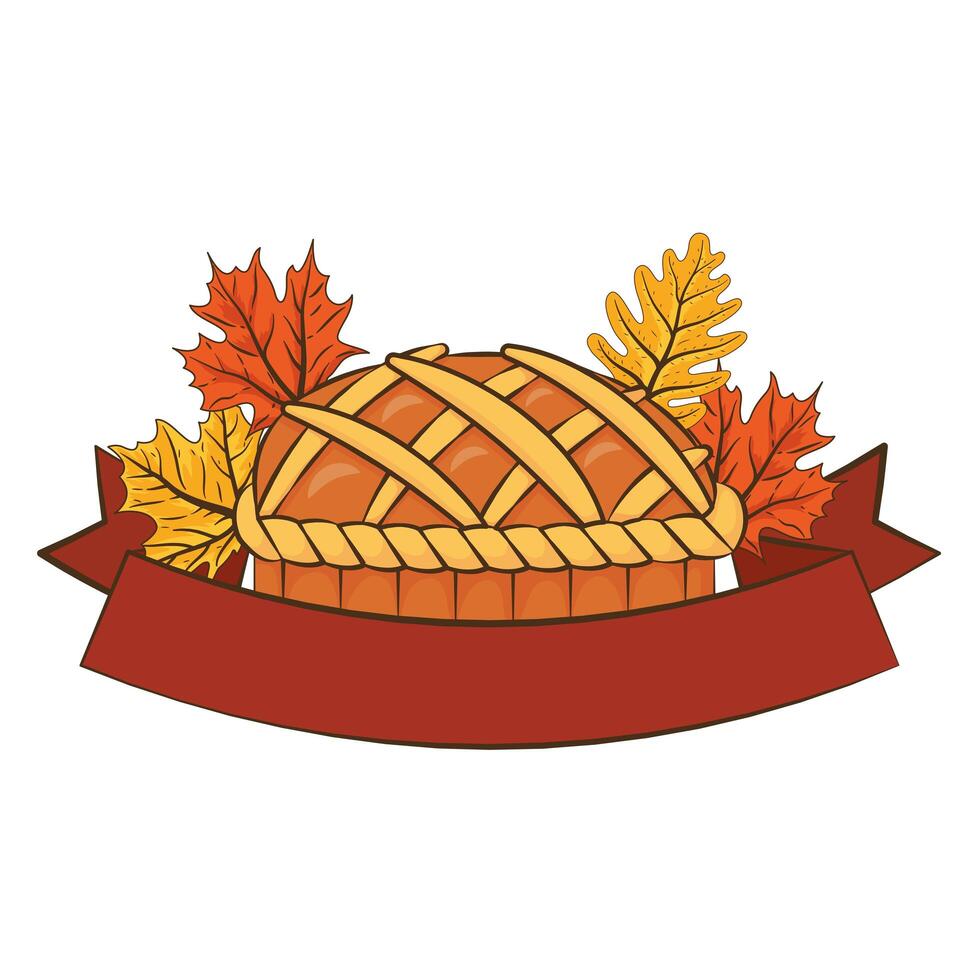 Thanksgiving sweet pie delicious with leaves and ribbon frame vector