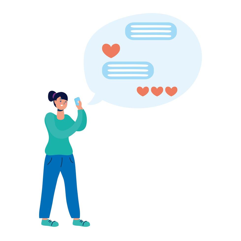 young woman using smartphone with chatting bubbles vector