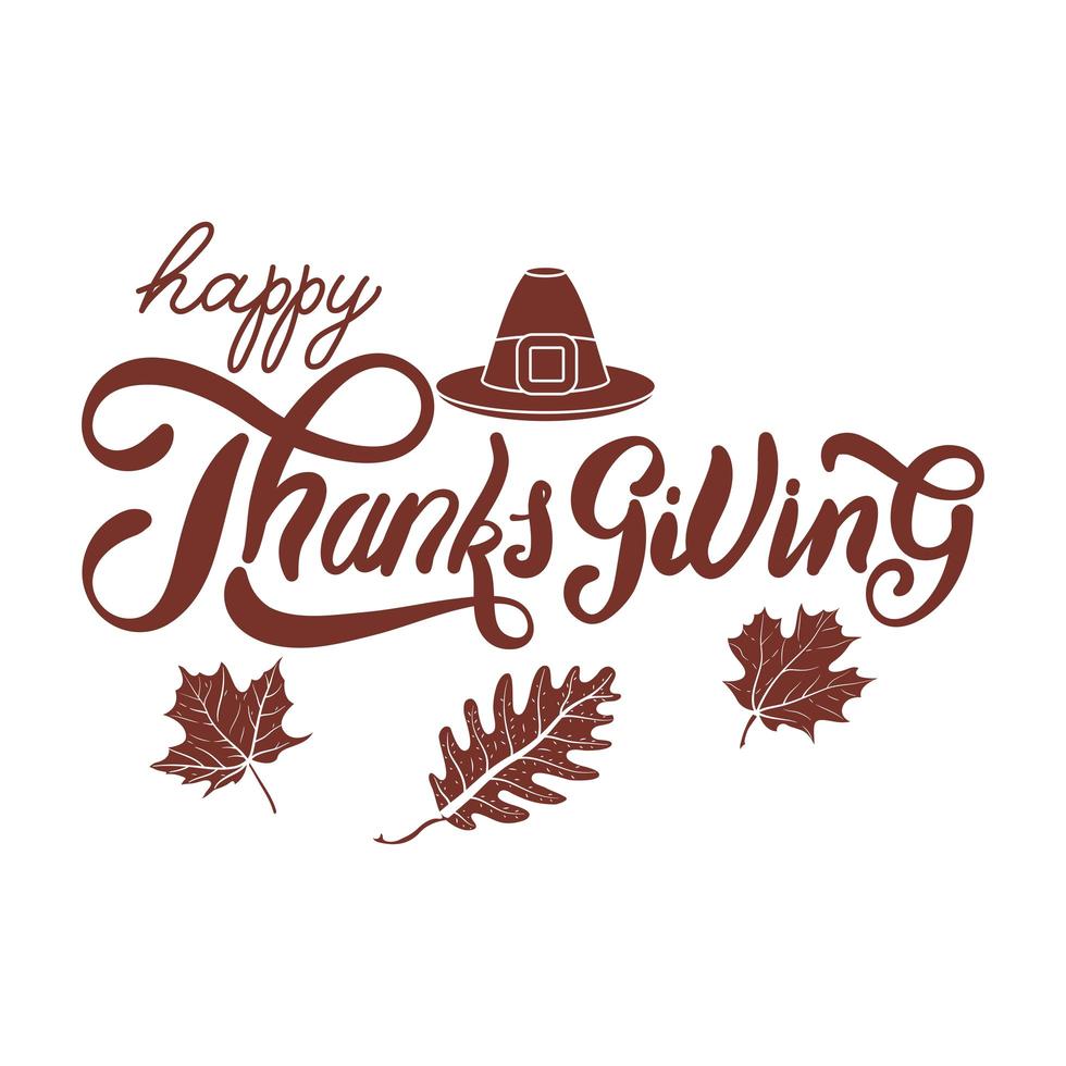 Happy Thanksgiving Day Celebration Lettering With Pilgrim Hat and Leaves vector