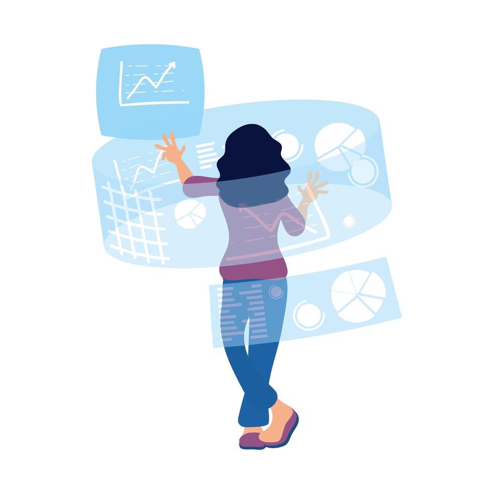 young woman using 3d glasses and reality virtual displays around vector