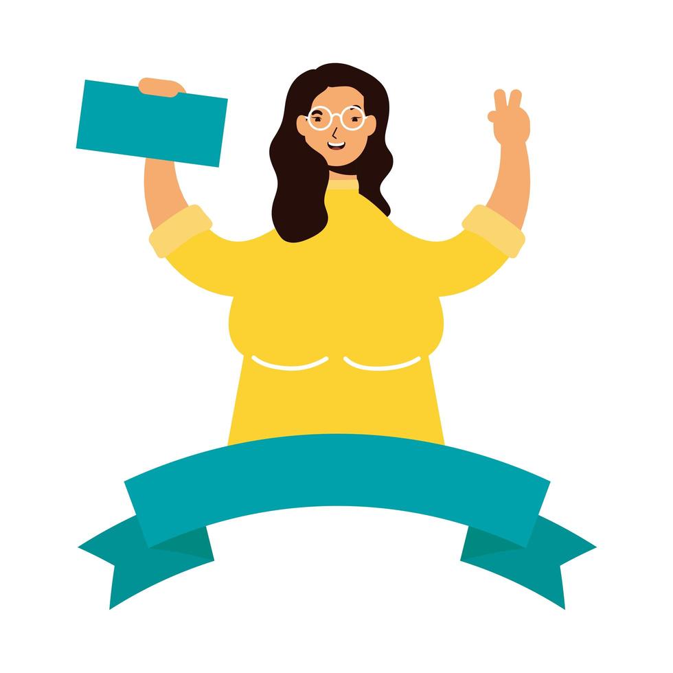 young woman celebrating with voting card vector