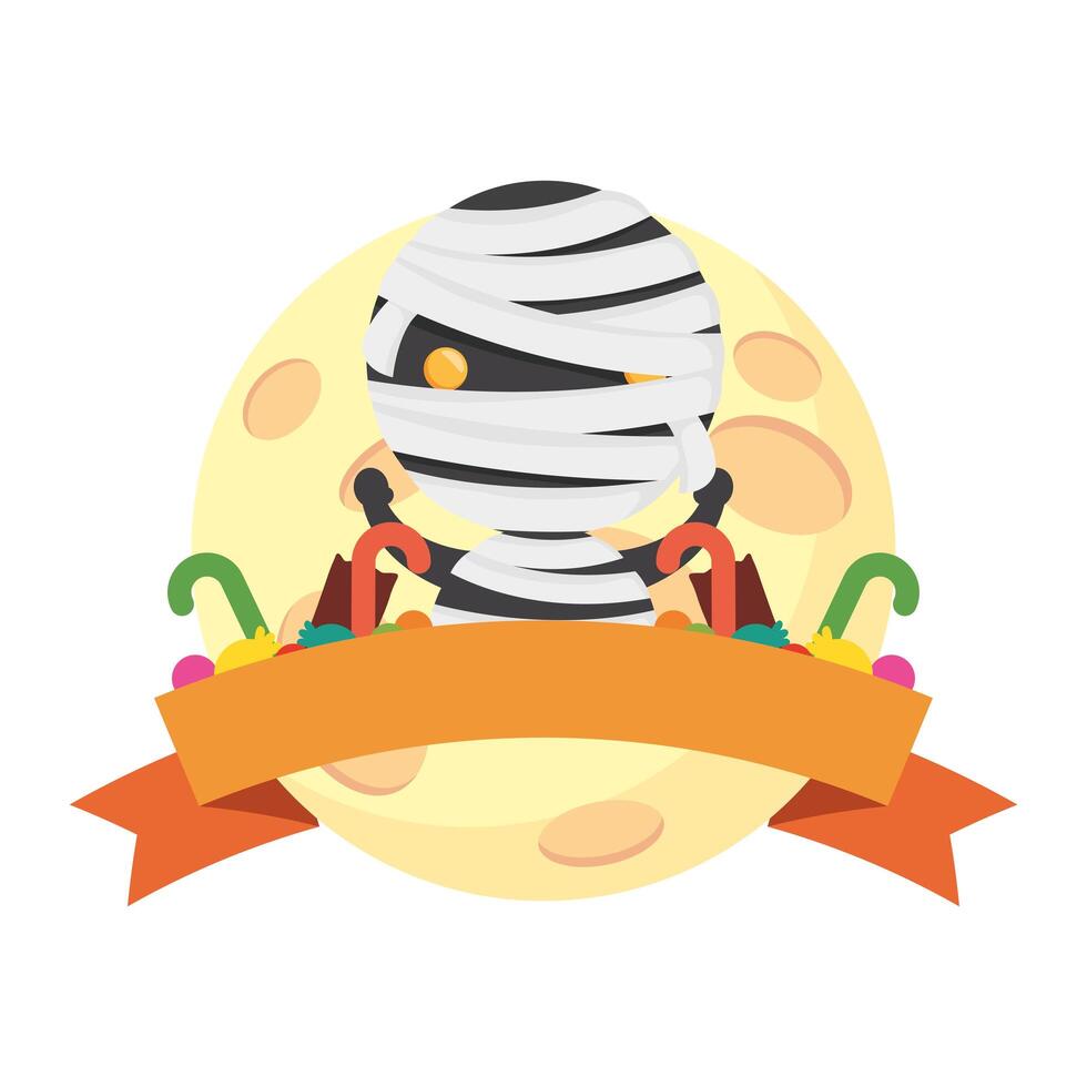 happy Halloween cute mummy with ribbon frame vector illustration design