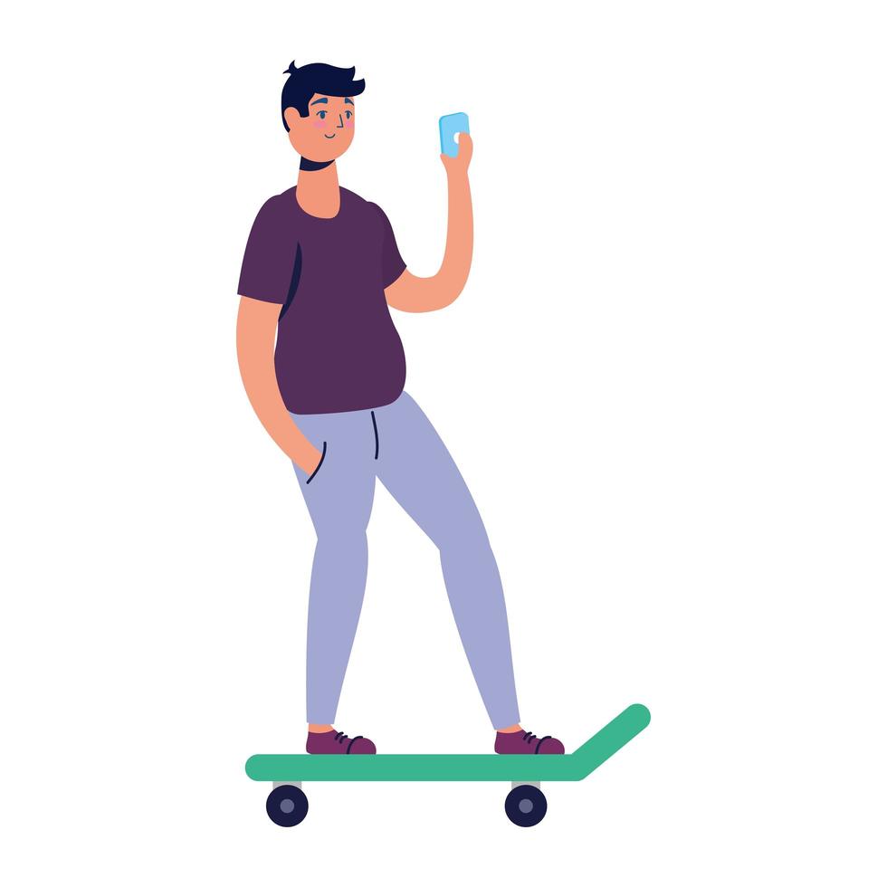 joven en patineta con tecnología de teléfono inteligente vector