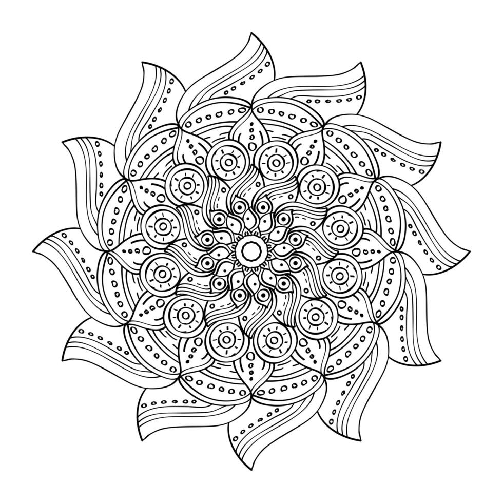 Diseño floral del ejemplo del vector del icono monocromático dibujado de la decoración de Diwali de la mandala