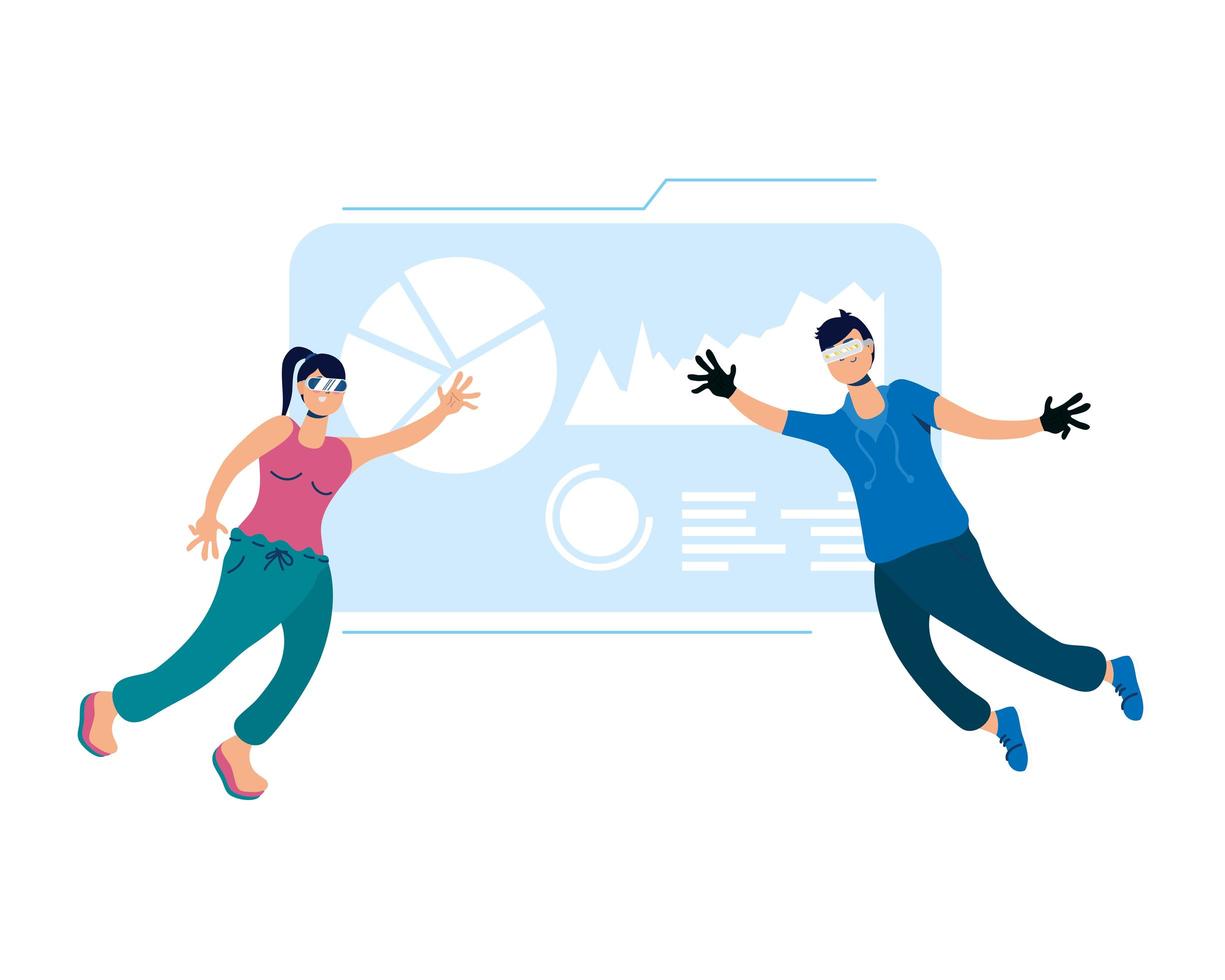 young couple using glasses and reality virtual display vector