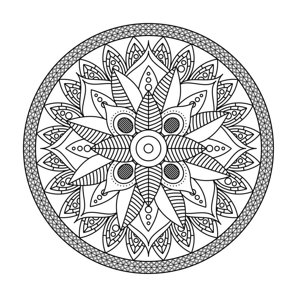 Diseño floral del ejemplo del vector del icono monocromático dibujado de la decoración de Diwali de la mandala