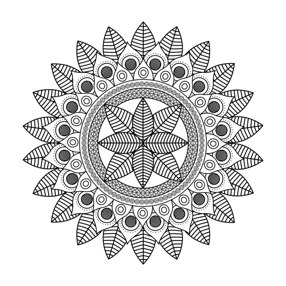 Diseño floral del ejemplo del vector del icono monocromático dibujado de la decoración de Diwali de la mandala