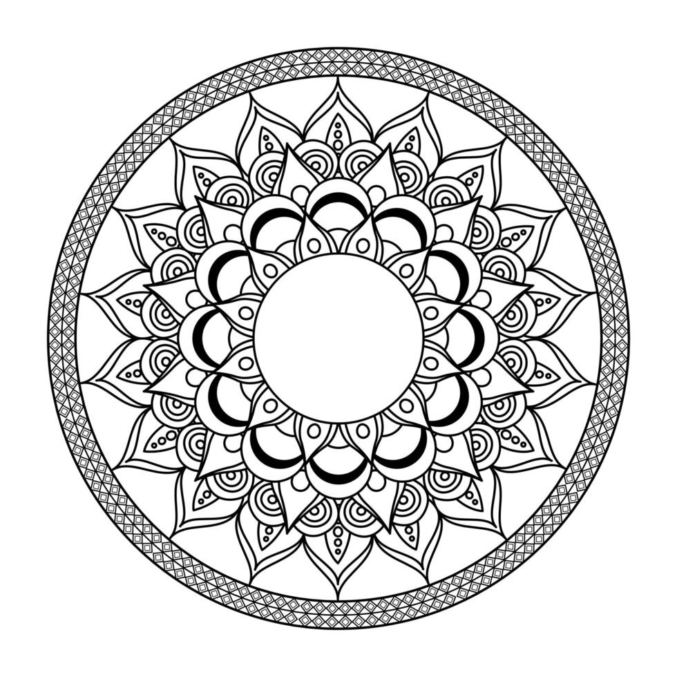 Diseño floral del ejemplo del vector del icono monocromático dibujado de la decoración de Diwali de la mandala