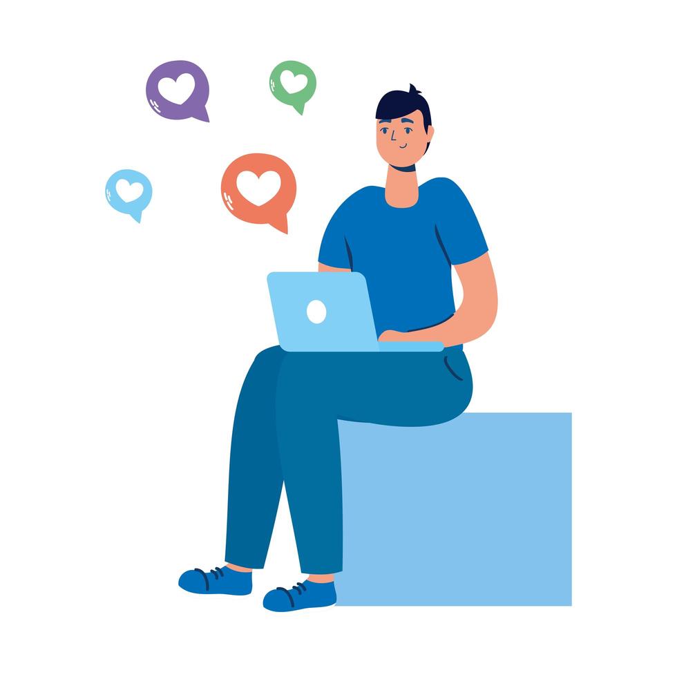 young man seated using laptop and social media icons vector