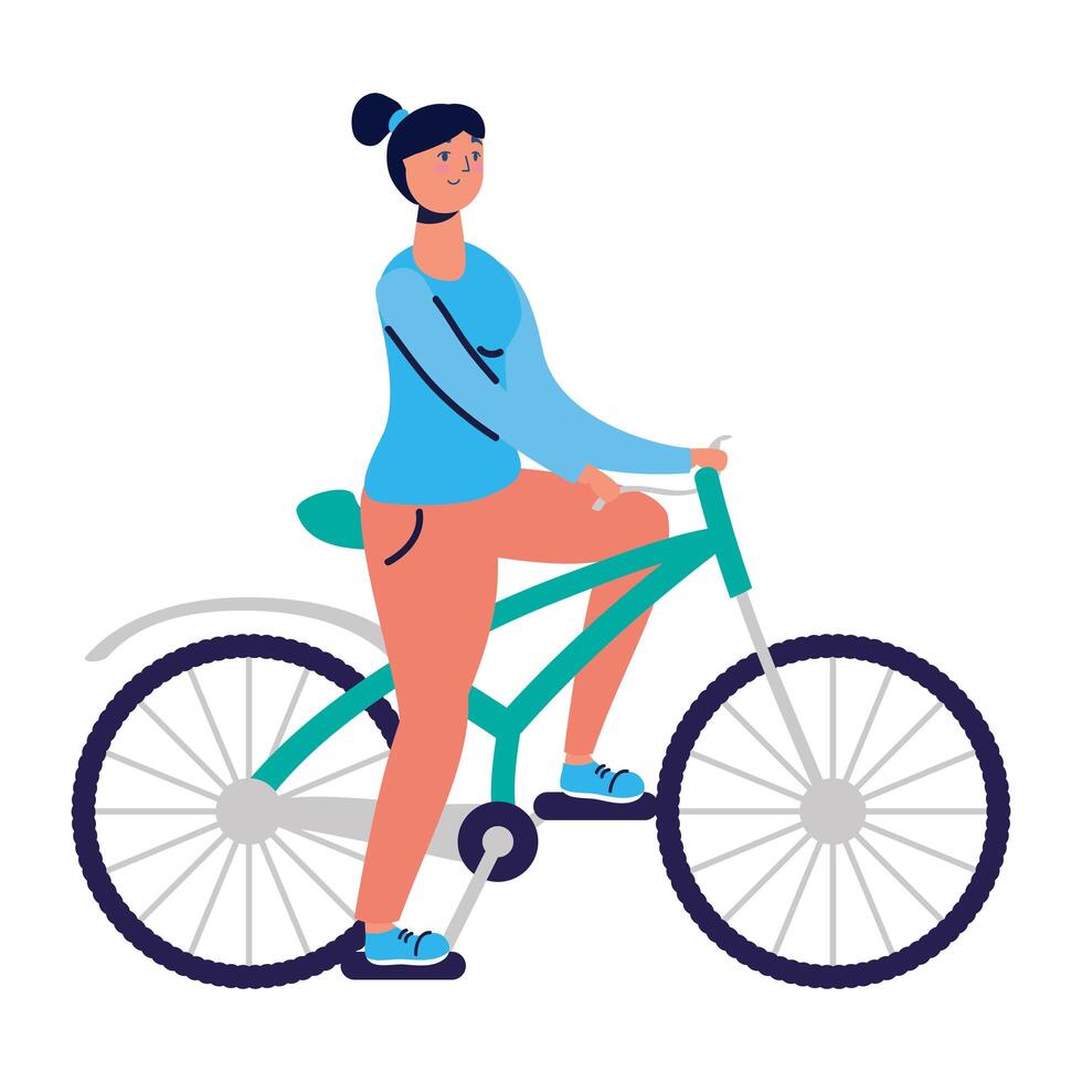 mujer joven, paseos, bicicleta, practicar, actividad, carácter vector