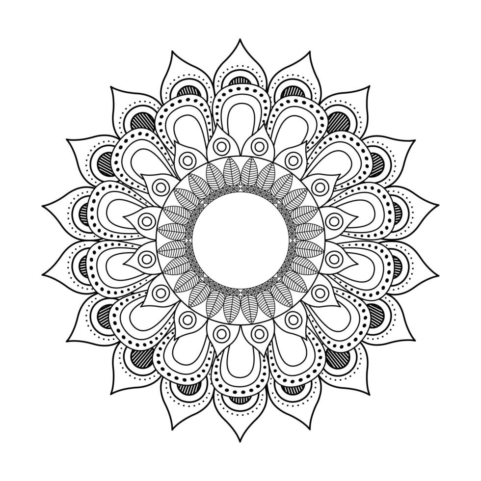 Diseño floral del ejemplo del vector del icono monocromático dibujado de la decoración de Diwali de la mandala