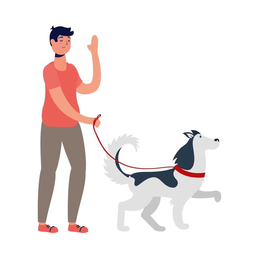 young man walking with dog practicing activity vector