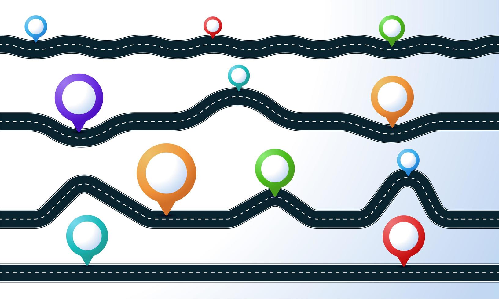 Straight and winding roads with pin set vector