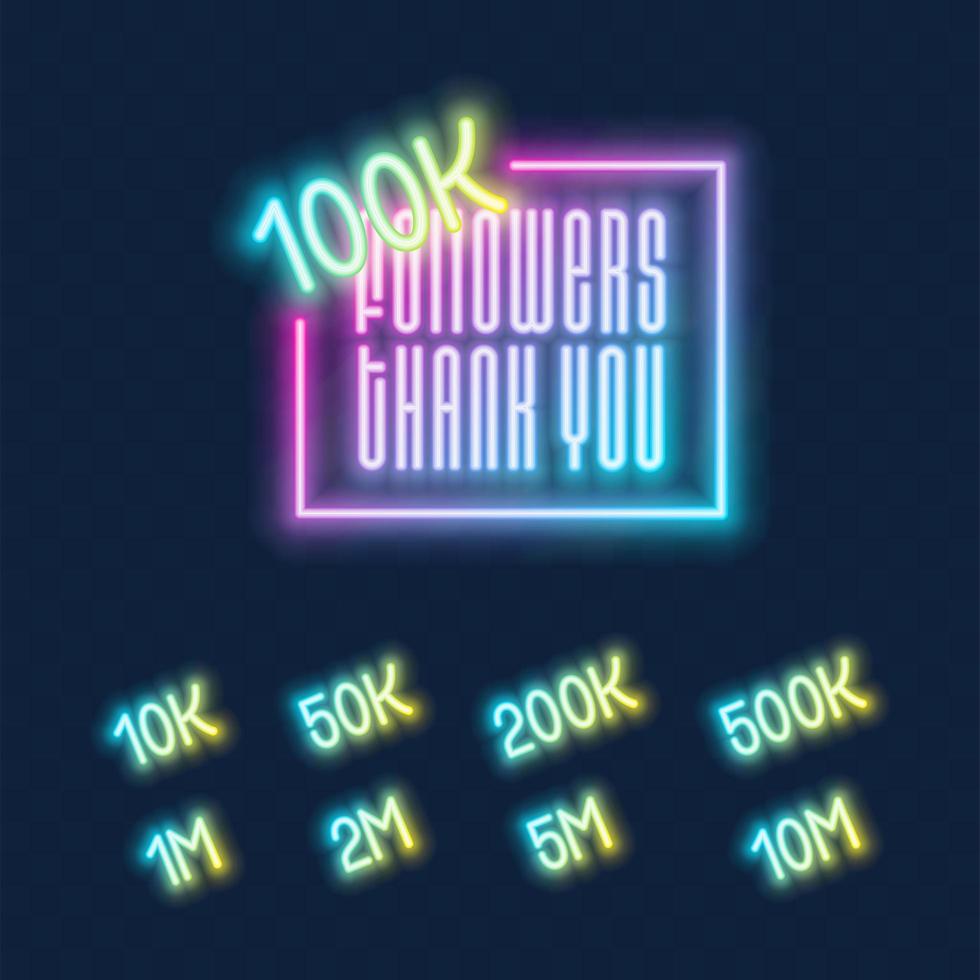 100K followers neon sign on the wall set vector