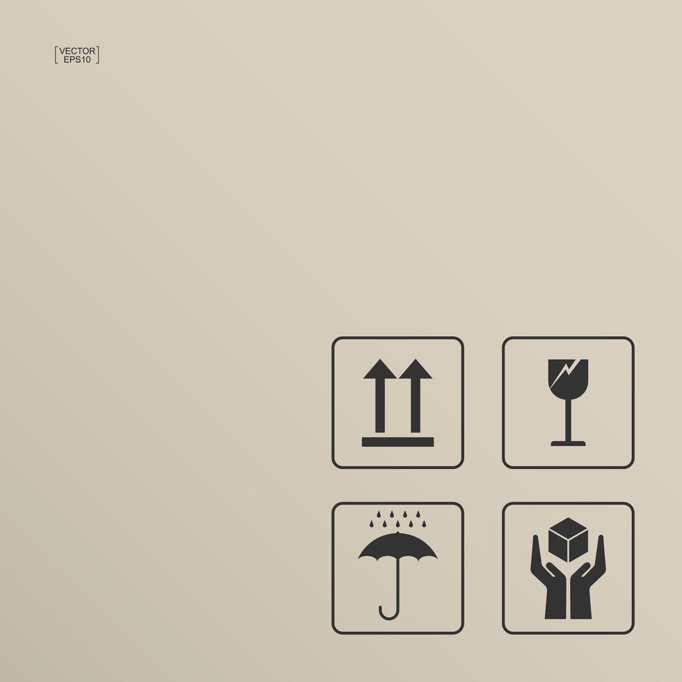 Packaging icon set of fragile care sign and symbol on brown cardboard background. Vector. vector