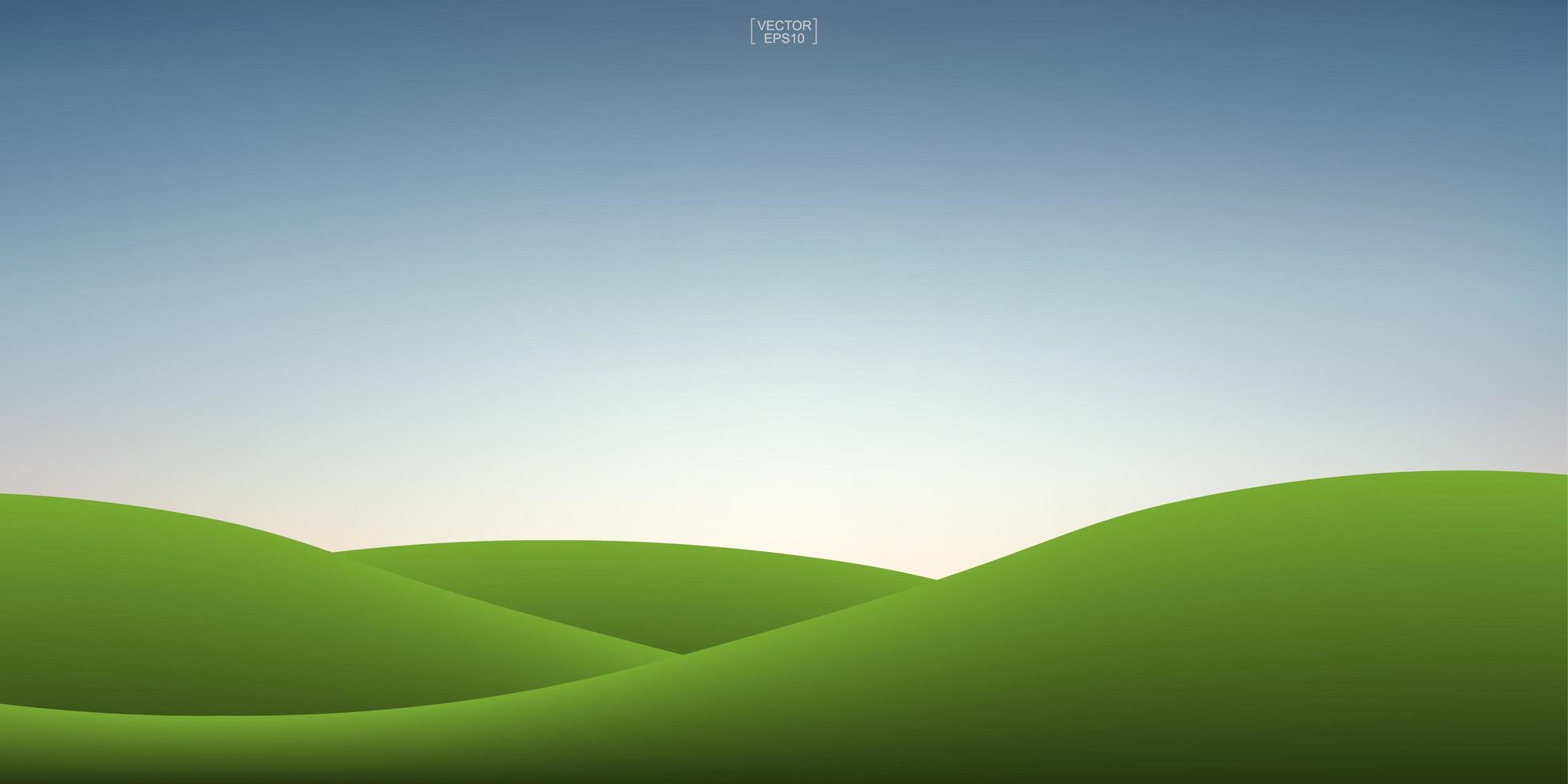 Green grass hill and sunset sky background. Outdoor natural background for template design. Vector. vector