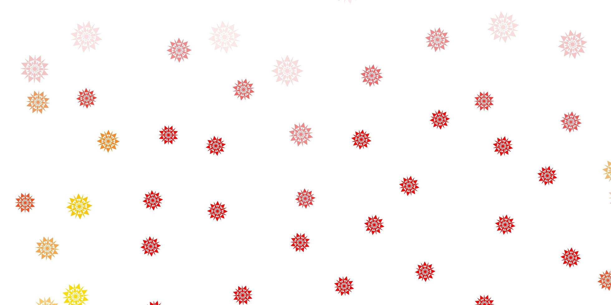 Fondo de vector rojo, amarillo claro con copos de nieve de Navidad.