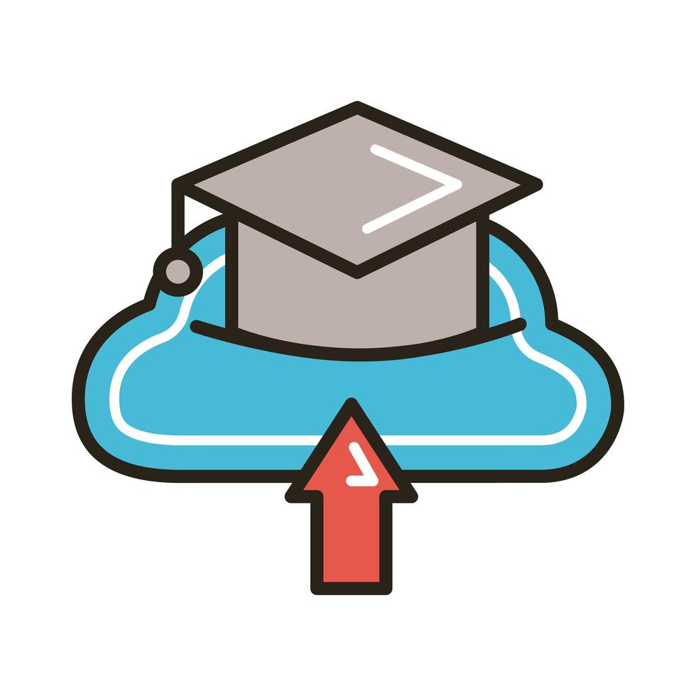 sombrero de graduación con línea de educación en línea de computación en la nube y estilo de relleno vector