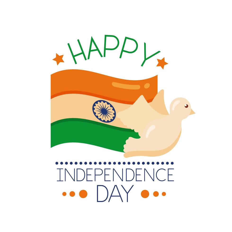Independence day India celebration with flag and dove flying flat style vector