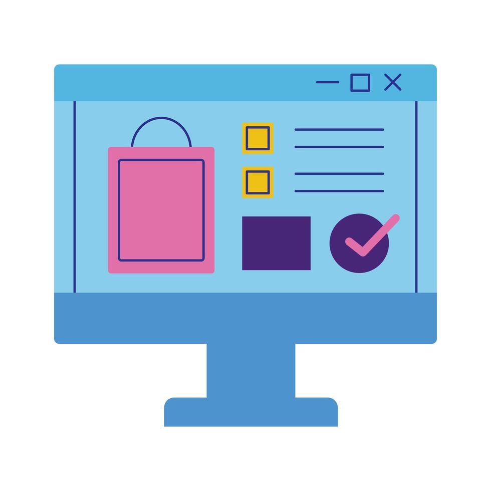 desktop with shopping bag flat style icon vector