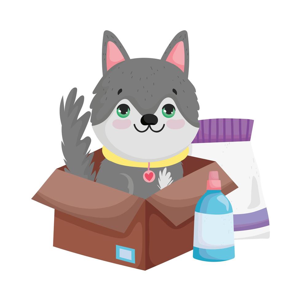 dog in box with food package cartoon pets vector