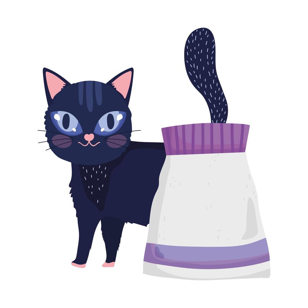 gato negro con paquete de comida mascotas felinas de dibujos animados vector