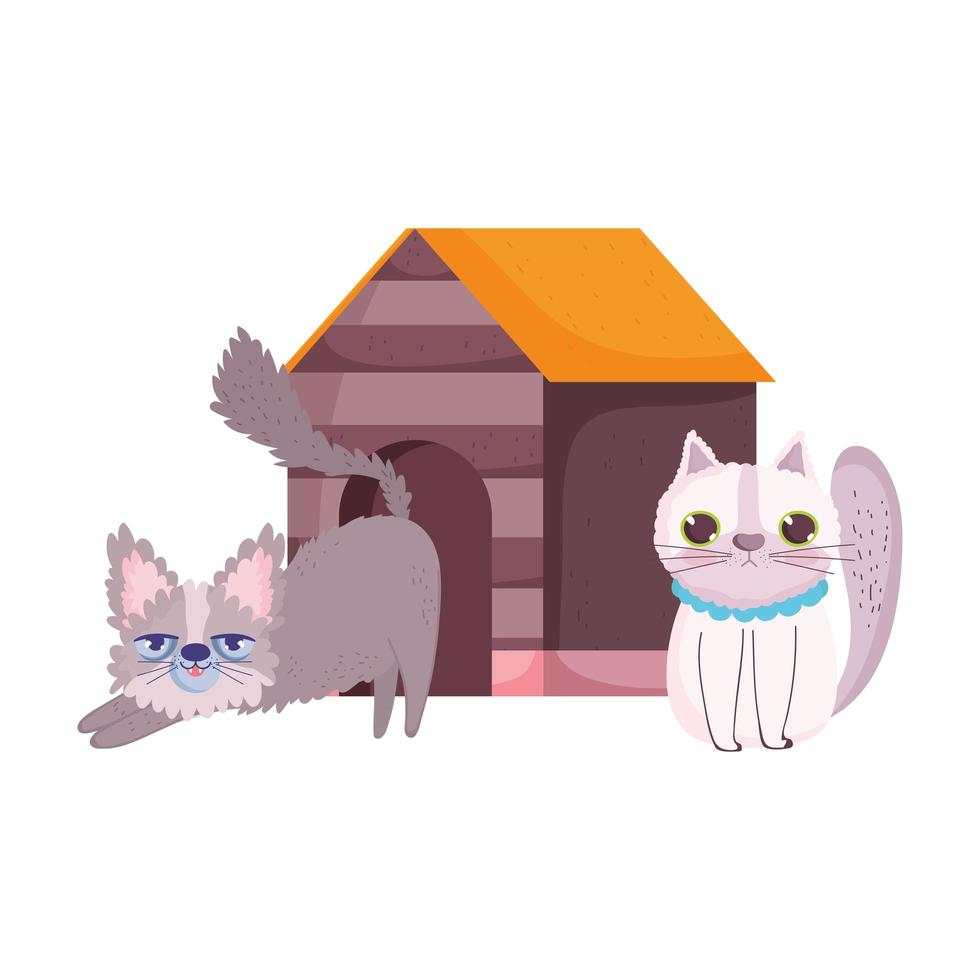 gatos felinos de dibujos animados con mascotas de casa de madera vector