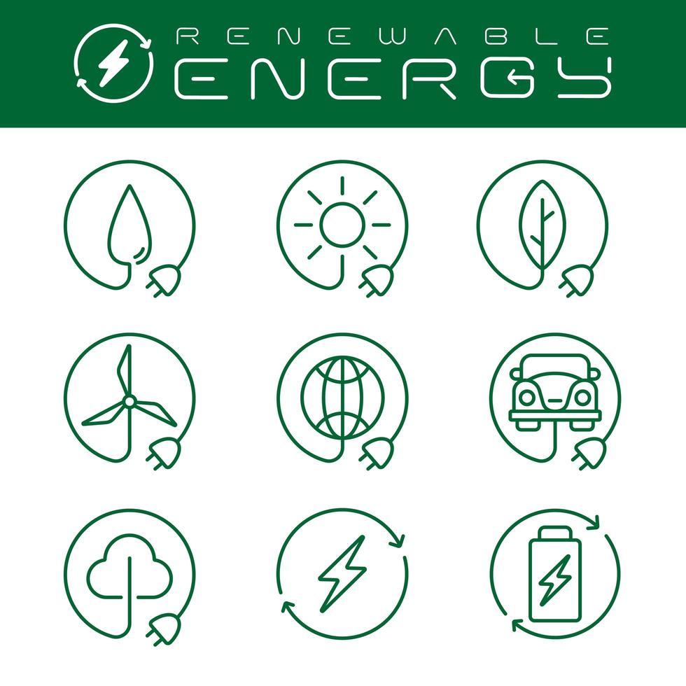 Renewable energy icons set with an editable stroke, vector