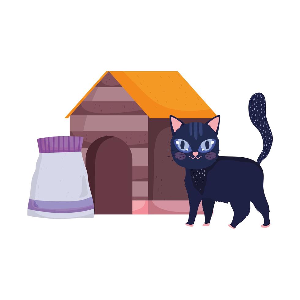 gato caminando casa con comida mascotas de dibujos animados vector