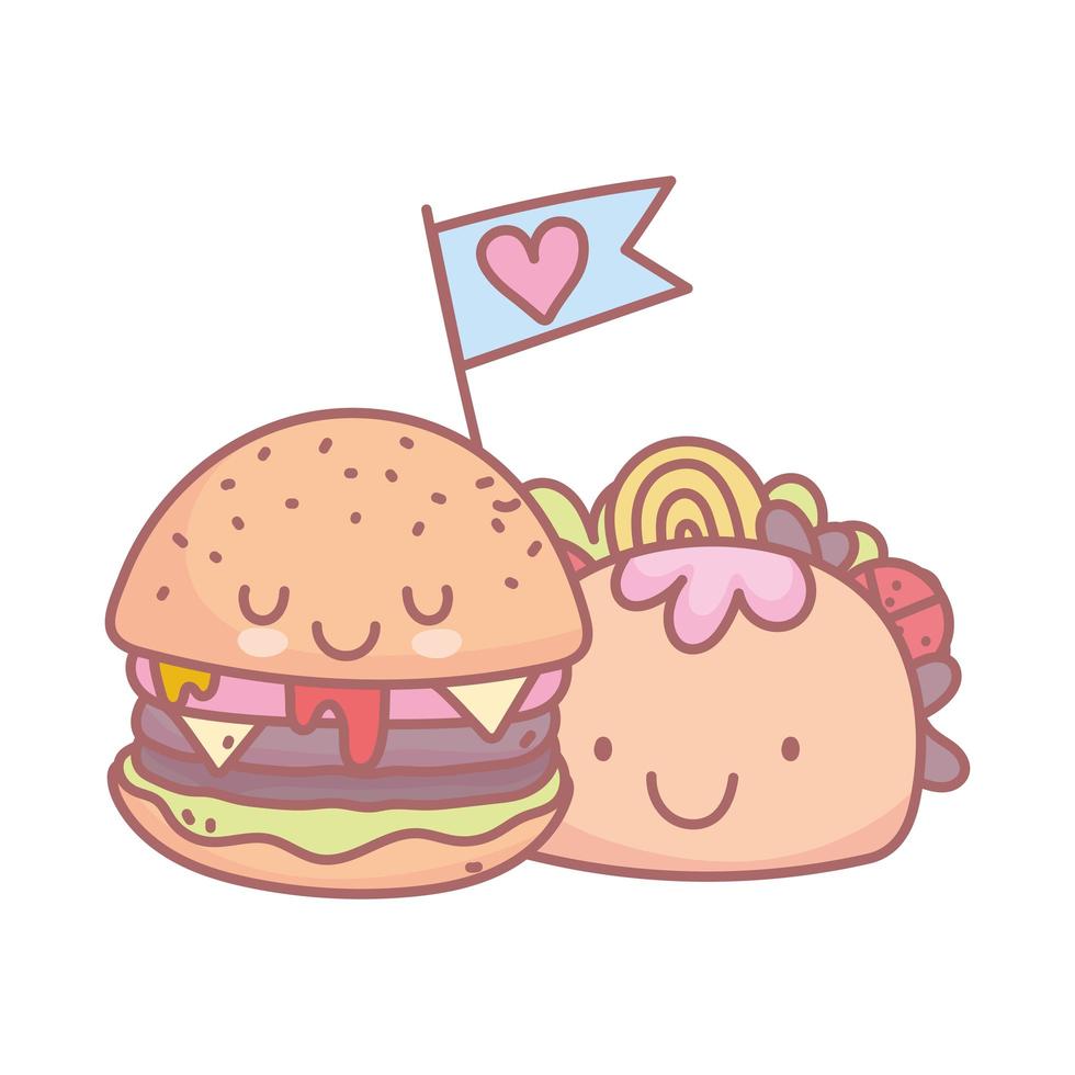 hamburguesa y taco personaje menú restaurante dibujos animados comida lindo vector