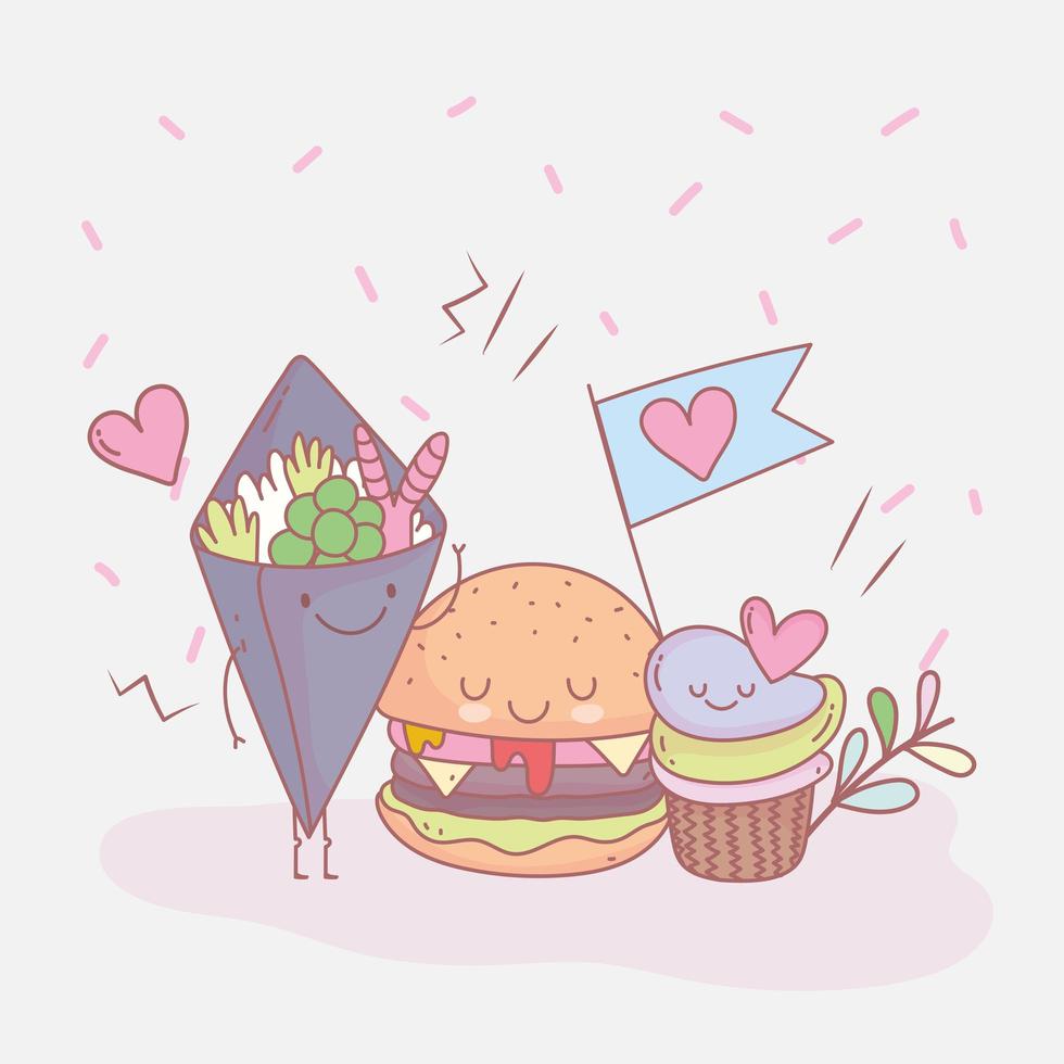 burger cupcake and salad menu restaurant food cute vector