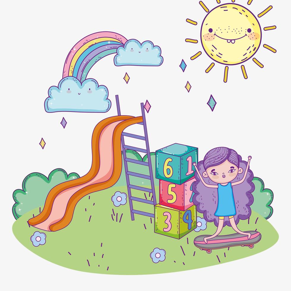 happy childrens day, little girl in with slide and park vector