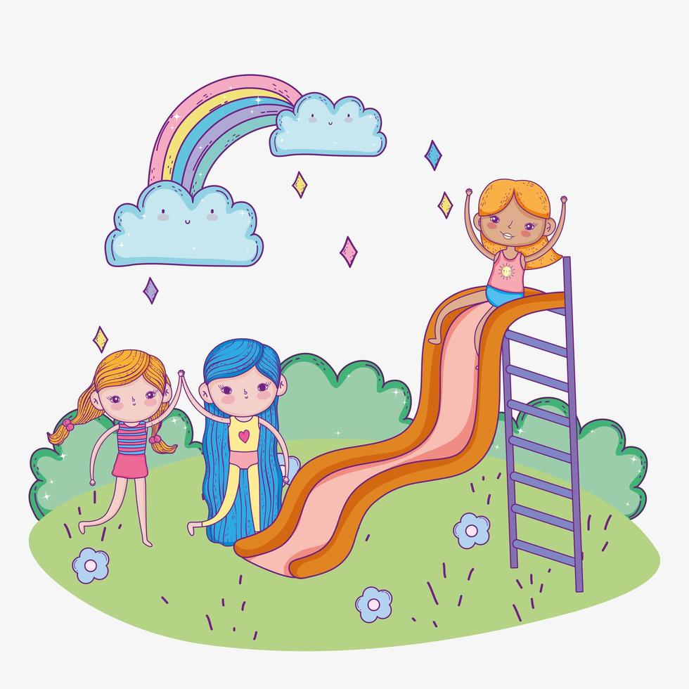 happy childrens day, cute girls playing in slide playground park vector