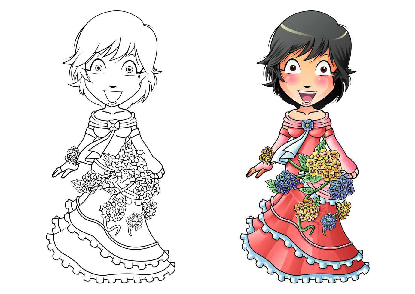 Girl in flower dress cartoon coloring page for kids vector