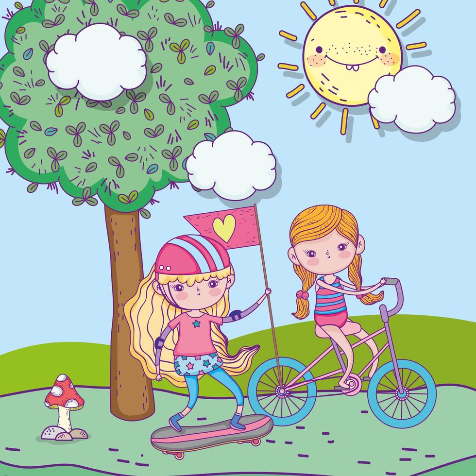 feliz día del niño, chicas lindas montando bicicleta y patineta en el parque vector