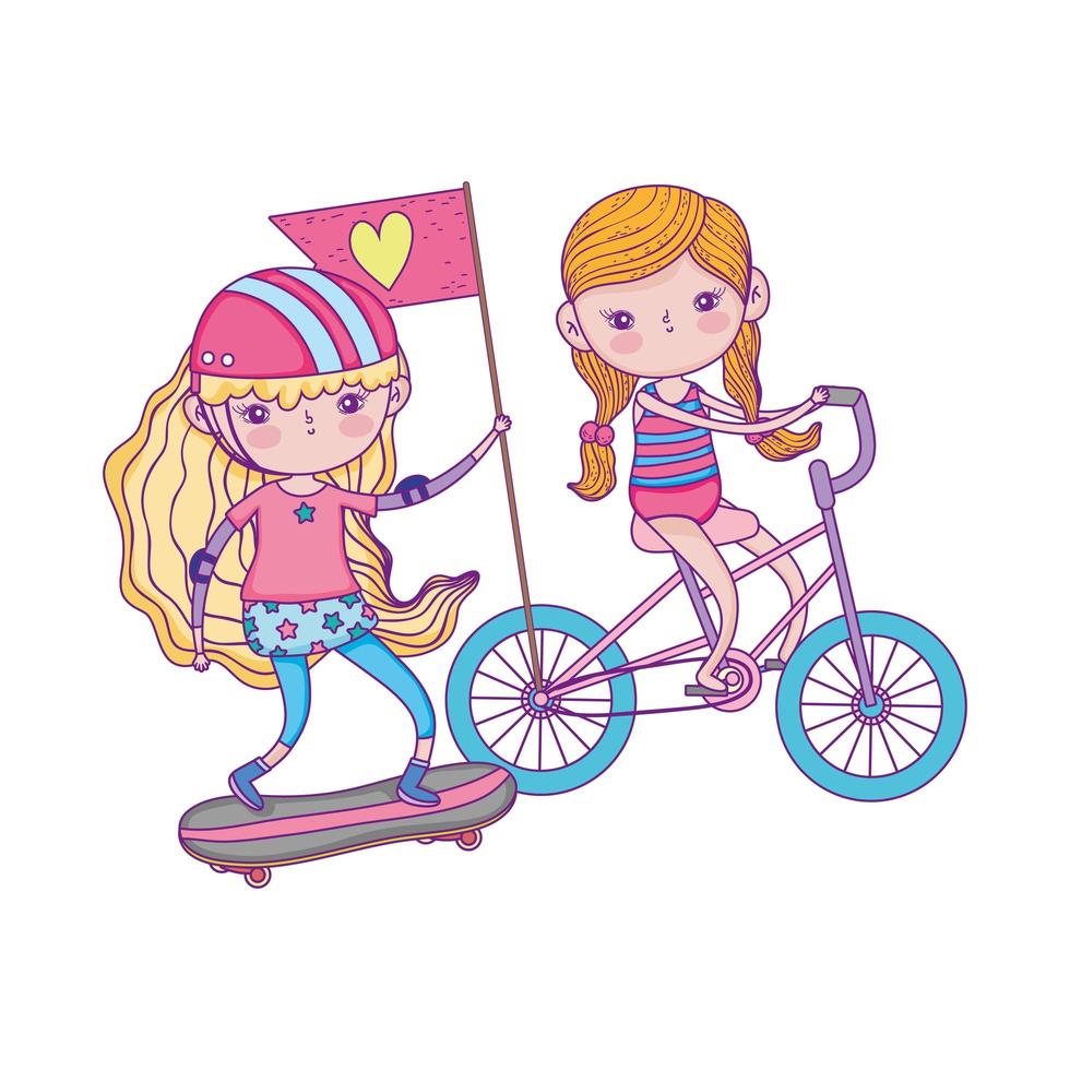 feliz día del niño, chicas lindas montando bicicleta y patineta en el parque vector